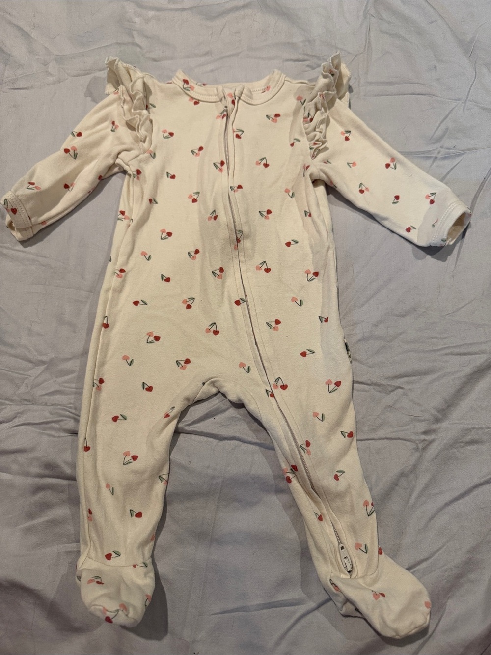 Rabbit + Bear Cream Cherry-Print Ruffle Footed One-Piece